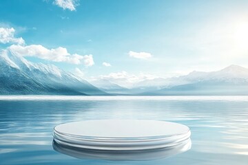 Empty round podium on tranquil lake, mountain backdrop