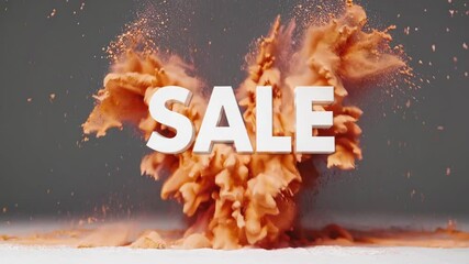 Explosion of orange powder around sale text against gray background. Shopping discount theme - Powered by Adobe
