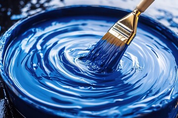 A paintbrush stirs vibrant blue paint, creating mesmerizing concentric circles. The rich color and smooth texture are captivating.