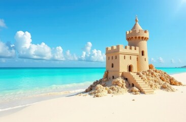 Sand castle on the beach with sea view. Travel concept.