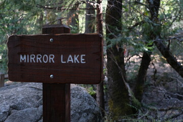 Wooden Sign for Mirror Lake Trail in Yosemite National Park