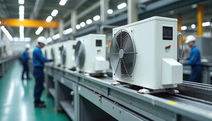 Air conditioning units on assembly line in manufacturing plant. Workers in background. Factory production. Industrial machinery automation tech components engineering quality control inspection