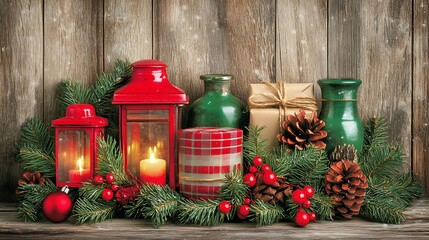 Festive Holiday Decoration Displayed With Burning Candles and Presents