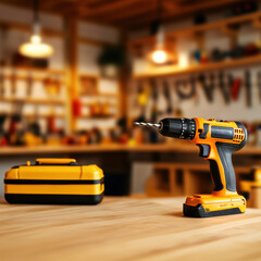 Cordless drill-driver in the workshop on a wooden table. Tool with yellow and black design, drill bits and toolbox next to it. Ideal for repair, construction and woodwork.