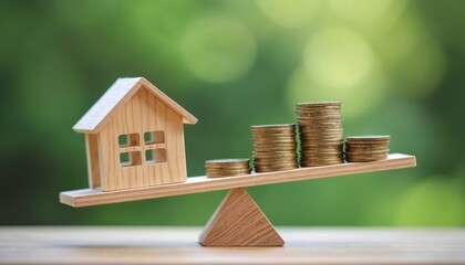 Wood house, stack of coins balanced on scale symbolize property investment, financial balance. Show home value comparison with money, real estate market. Savings, mortgage loans, housing market