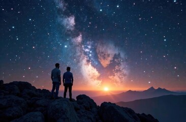 Fototapeta premium General plan. Silhouettes of people at night against the sky with the Milky Way.