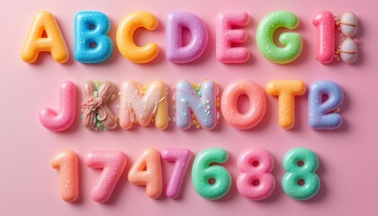 Naklejka premium Pastel-colored alphabet and number donuts arranged on pink background, sweet treats, confectionery, bakery, dessert, sprinkles, letters, numbers, colorful, delicious