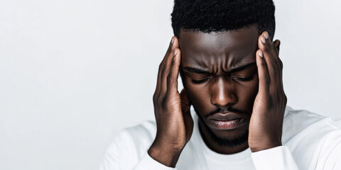 An African American man suffers from a severe headache while holding his head. An expression of pain, stress and fatigue. Concept of migraine, nervous tension, anxiety, depression and malaise.