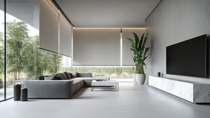 A minimalist living room with light gray roller shades on floor-to-ceiling windows