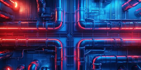 Obraz premium High-tech industrial composition, interconnected metallic pipes with a neon blue and red glow