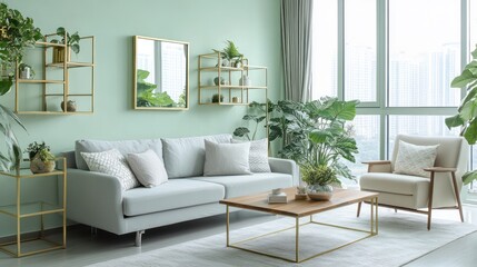 Fototapeta premium A minimalist living room with soft mint green walls, chrome accents, and a light gray sofa placed against a panoramic window