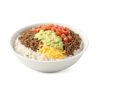 Beef Burrito Bowl Seasoned ground beef served over a bed of rice, beans, and fresh toppings like guacamole, cheese,