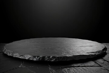 Dark gray stone circular platform.  A smooth, dark gray stone slab sits atop a textured dark gray stone surface.  Empty, ready-for-product display