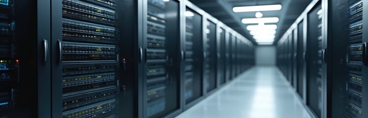 Photo rows of server racks in data center, equipment. Tech infrastructure, network solutions. Computer units offer cool control in cyberspace. Provider upgrades cabinet space with connectivity,