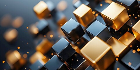 High-end abstract background featuring glossy geometric cubes in gold and black