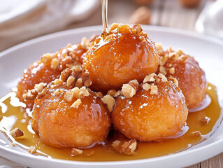 Greek Loukoumades drizzled with honey and walnuts on a ceramic plate in a seaside taverna.