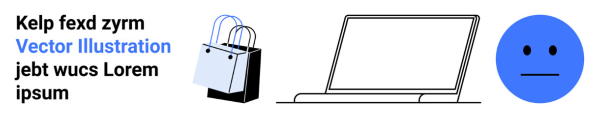 Fototapeta premium Minimalist laptop, shopping bag, and neutral face for ideas thumbs up e-commerce, digital transactions, online shopping, UXUI, technology, emotion, ideal for flat landing page banner