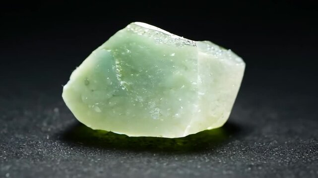 A close-up view of a translucent green prehnite mineral crystal with a rough surface, resting on a dark background. The crystal exhibits a light green hue with some sparkling facets.