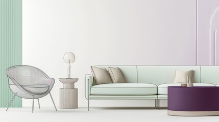 A minimalist white wall with soft mint green line drawings of modern furniture, including a sleek sofa, a contemporary chair, and a chic coffee table
