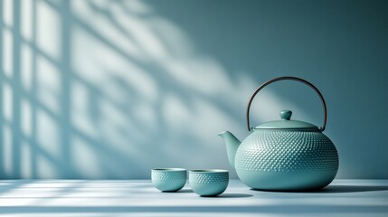 Teal tea set on a table, sunlight