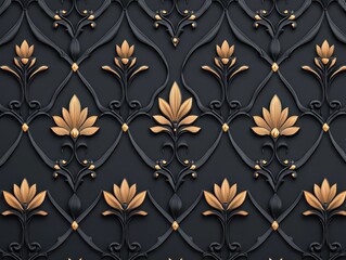 Fototapeta premium Elegant floral pattern with gold accents on a dark background, perfect for design use