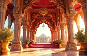 Indian wedding mandap decorated with flowers, chandeliers, columns. Traditional hindu marriage ceremony stage. Golden luxury interior design for bride, groom. Celebration of love in hinduism culture.