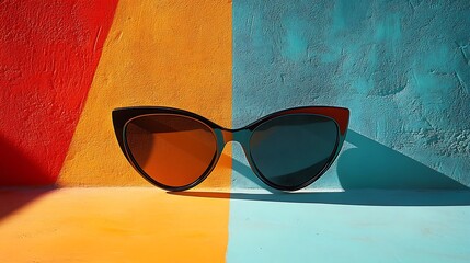 Eye glasses sit on an angular surface. The backdrop includes red, yellow and blue green colors.