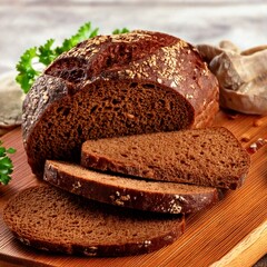 sliced homemade pumpernickel bread on a wooden cutting board 