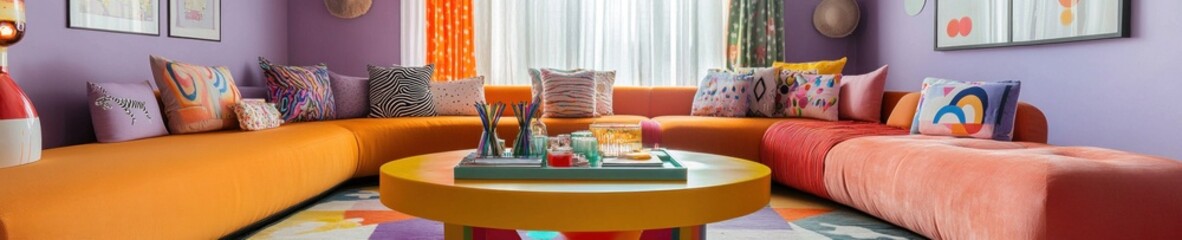 Contemporary Home Decor. Modern Living Room with Bold Colors, Elegant Furniture, and Artistic Details. Interior Design and Real Estate Concept with Copy Space. Real Estate and Home Decor Concept.