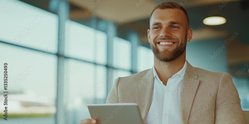 Poster a man is smiling and holding a tablet in his hand. he is wearing a suit and he is in a professional 