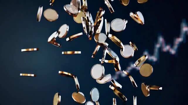 Coins falling against a backdrop showing market trends and values in a dynamic setting