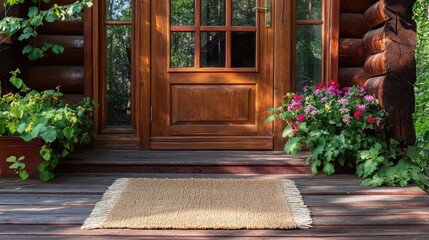 A bohemian-style jute doormat with fringed edges, adding charm to a wooden cabin entrance.