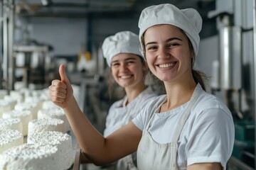 Grinning woman at a dairy factory gives a thumbs up embracing a colleague flexing their bicep by freshly made ricotta