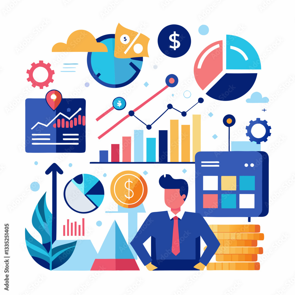 Aufkleber financial growth and data analytics with business insights icons vector on transparent background