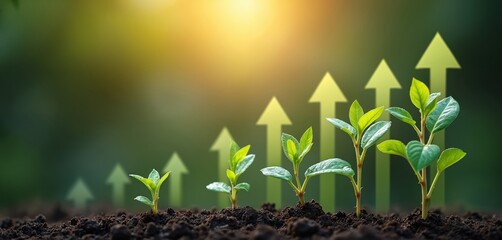 Young plants grow on sunny background. Business growth concept finance, investment. Development stages with green arrows show profit increase, successful future, startup, opportunity. Soil dirt