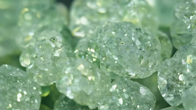 Close-up of sparkling green prehnite crystals with a textured surface, reflecting light.