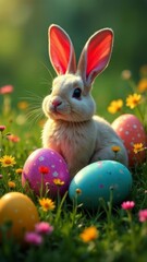 Fototapeta premium Adorable bunny sitting on vibrant grass surrounded by colorful Easter eggs and blooming flowers, creating joyful atmosphere filled with springtime cheer and love. Perfect for festive greetings.