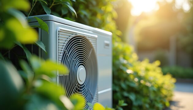 Ductless mini split air conditioner in garden surrounded by green plants. Modern AC unit provides efficient climate control, cooling during summer, home comfort. Energy efficient system, modern