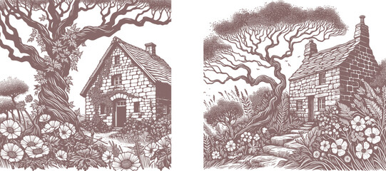 Rustic Stone Cottages Amidst a Gnarled Tree and Wildflower Bloom &ndash; Vintage Linocut Woodcut Design old color village 
