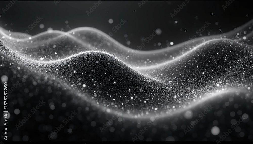 Poster Futuristic glowing particles wave on black. 3D render of dark cyberspace digital background. Abstract tech motion of dots, lines. Great for presentations, backgrounds or wallpapers. Glitter and shine.
