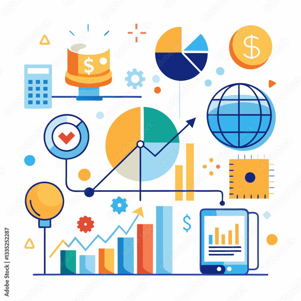 Poster financial growth and data analysis with business insights icons vector on transparent background