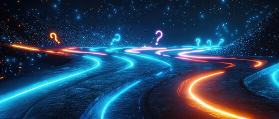 Glowing neon paths wind through a dark, starry expanse, illuminated question marks floating above, creating a mysterious and intriguing scene.
