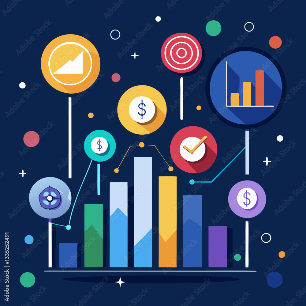 Poster financial growth and analytics data graphs icons vector on transparent background