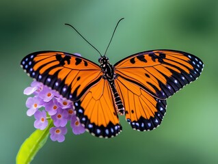 Vibrant orange butterfly perched on delicate pink flower against a blurred green background