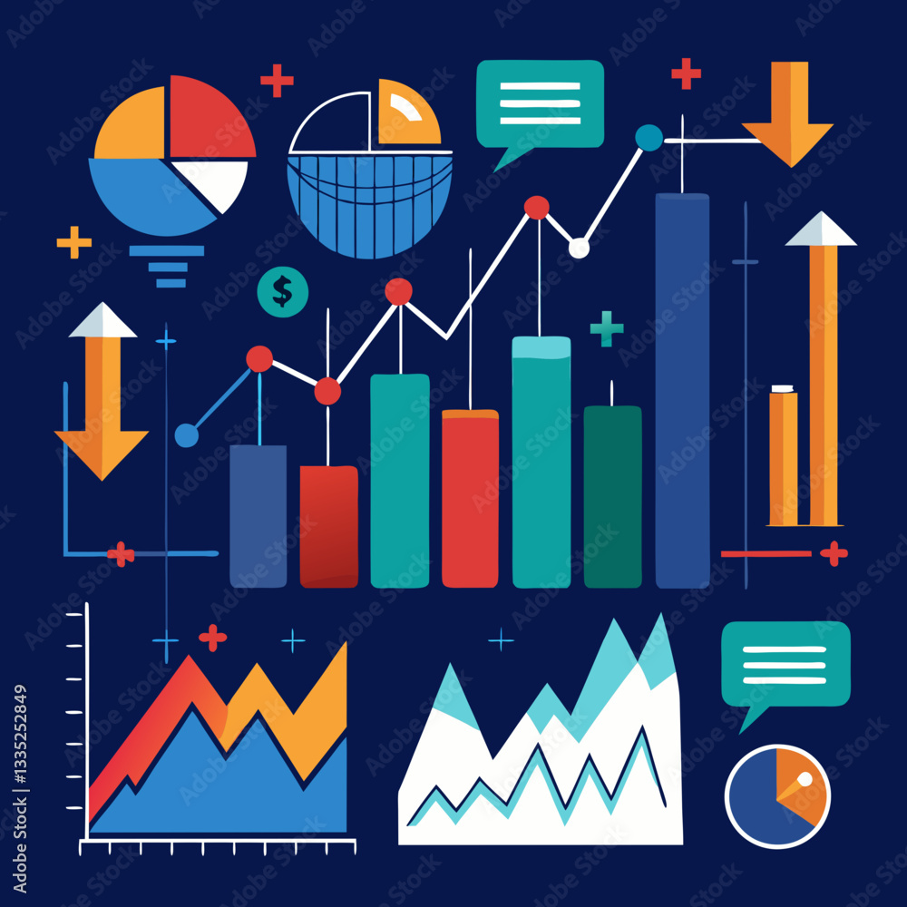 Poster data analytics and business growth graphs icons vector on transparent background