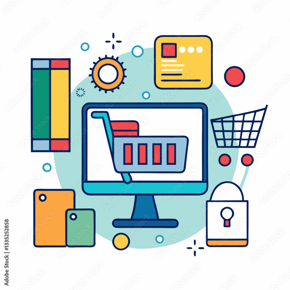 Poster e-commerce shopping cart and security icons vector on transparent background