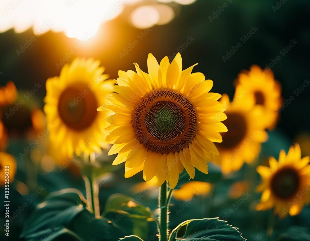 Poster sunrays illuminate a lively field filled with yellow flowers, creating a warm atmosphere as evening 