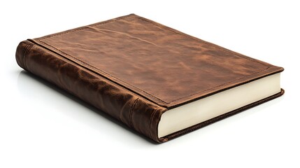 A closed, brown leather-bound book with a textured cover, suggesting a classic or vintage style.