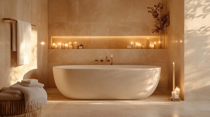 Serene marble bathroom sanctuary illuminated by candlelight for relaxation