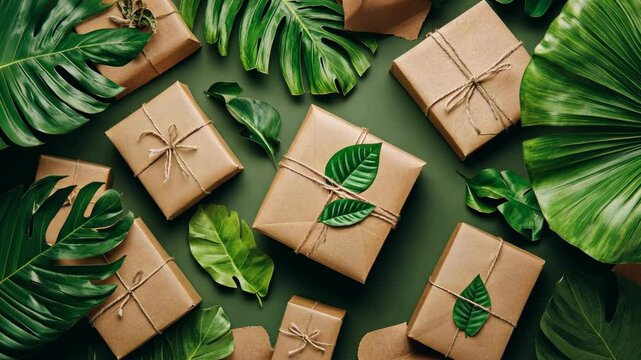 Wrapped gift boxes arranged among green leaves create a natural and inviting atmosphere for special occasions